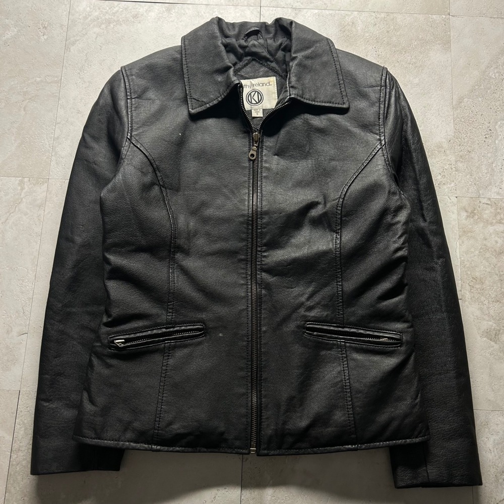 Kathy Ireland Leather Jacket Black Women Size S Zip Up Quilted Lined Moto Style